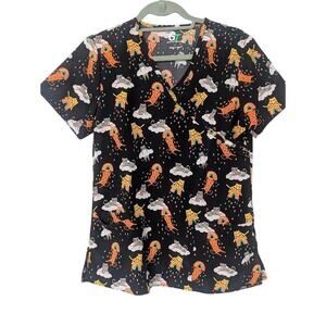 Black Cats Rainbows Scrub Top V-Neck Small GT Performance 2 Pocket Uniform S